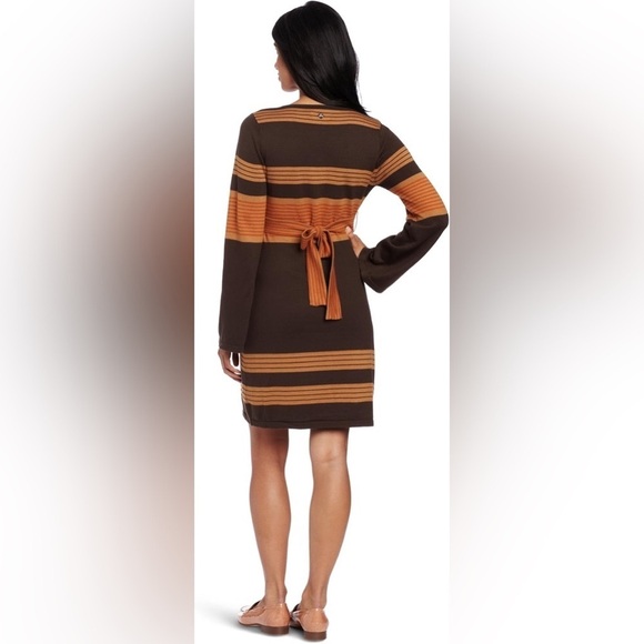PrAna Sydney Sweater Dress with V-Neck & Tie Belt in Brown, Tan, & Orange, M - Picture 3 of 15